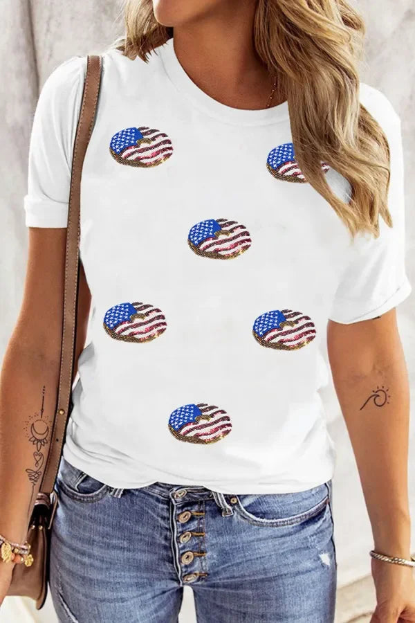 Sequined Flag Round Neck Short Sleeve Tee - Southern Shores Clothing