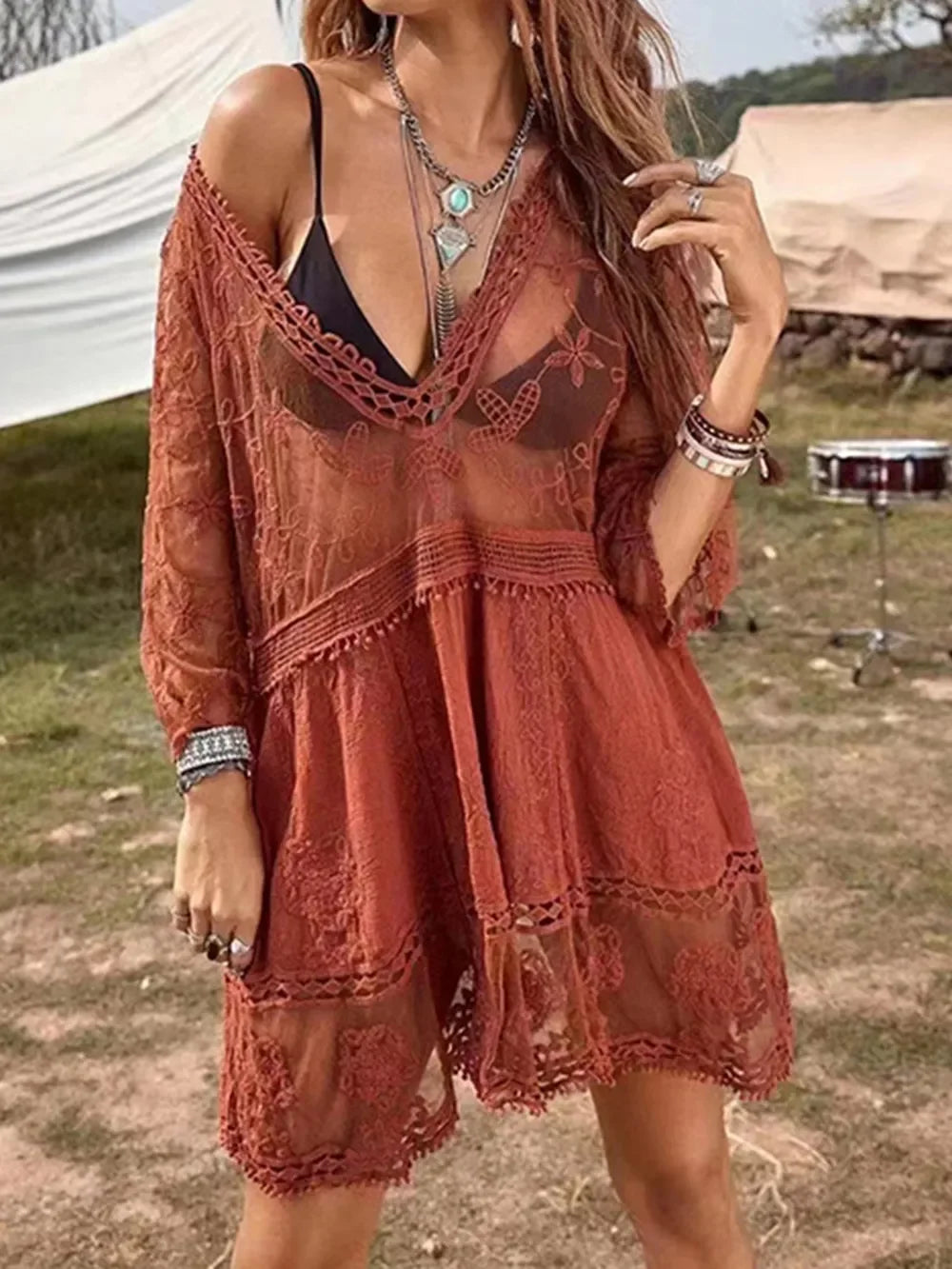 Lace Detail Plunge Cover Up Dress One Size - Southern Shores Clothing