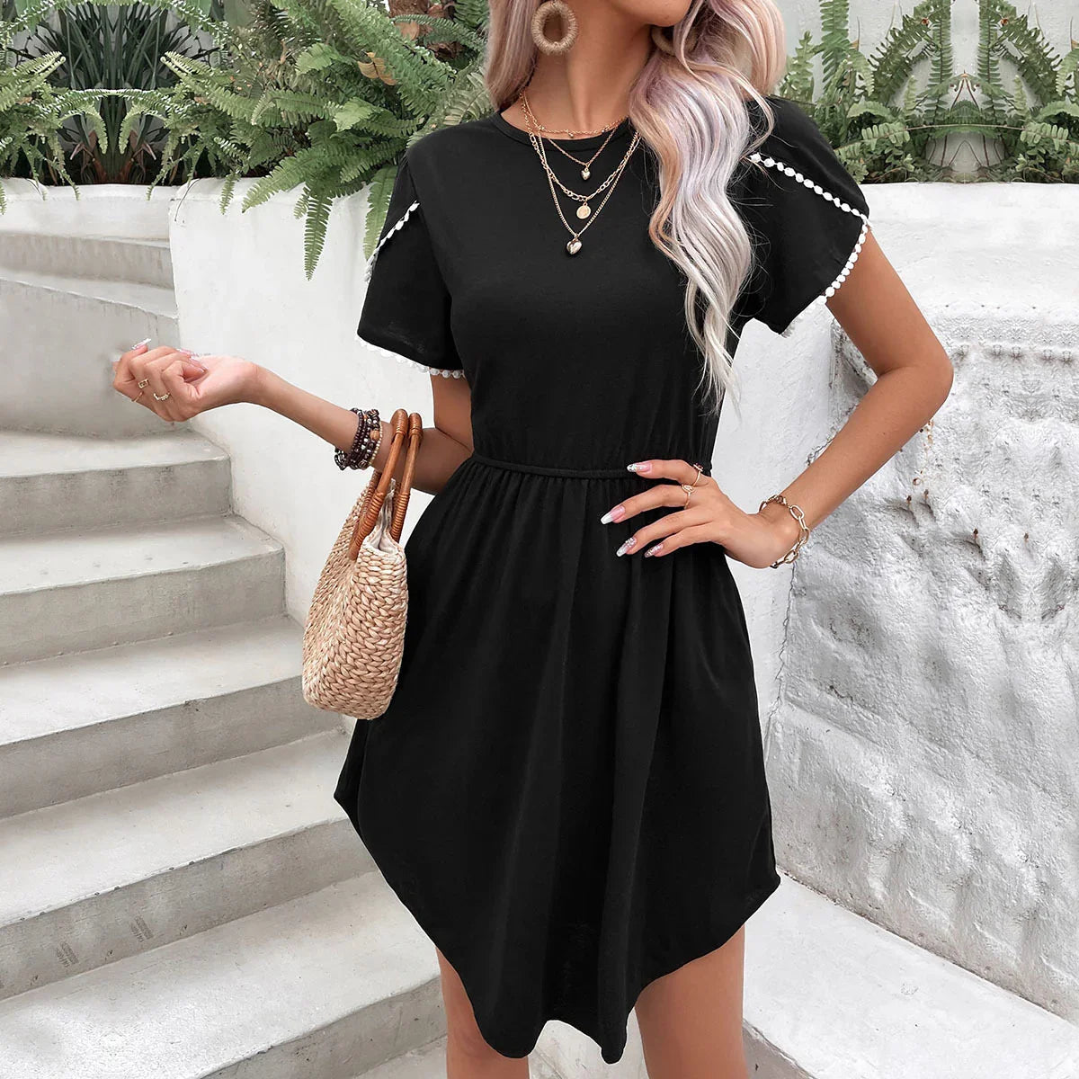 Perfee Round Neck Petal Sleeve Dress with Pockets - Southern Shores Clothing