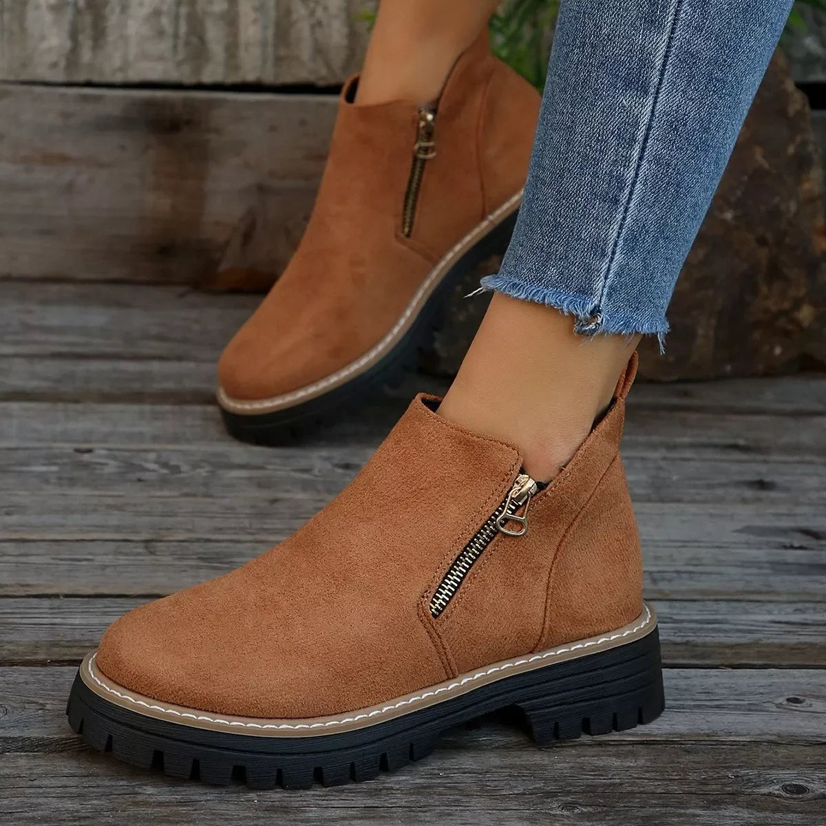 Suede Ankle Boots With Zipper Detail Mid Heel - Southern Shores Clothing