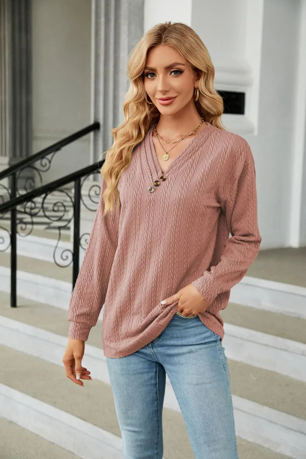 Decorative Button V-Neck Long Sleeve T-Shirt - Southern Shores Clothing