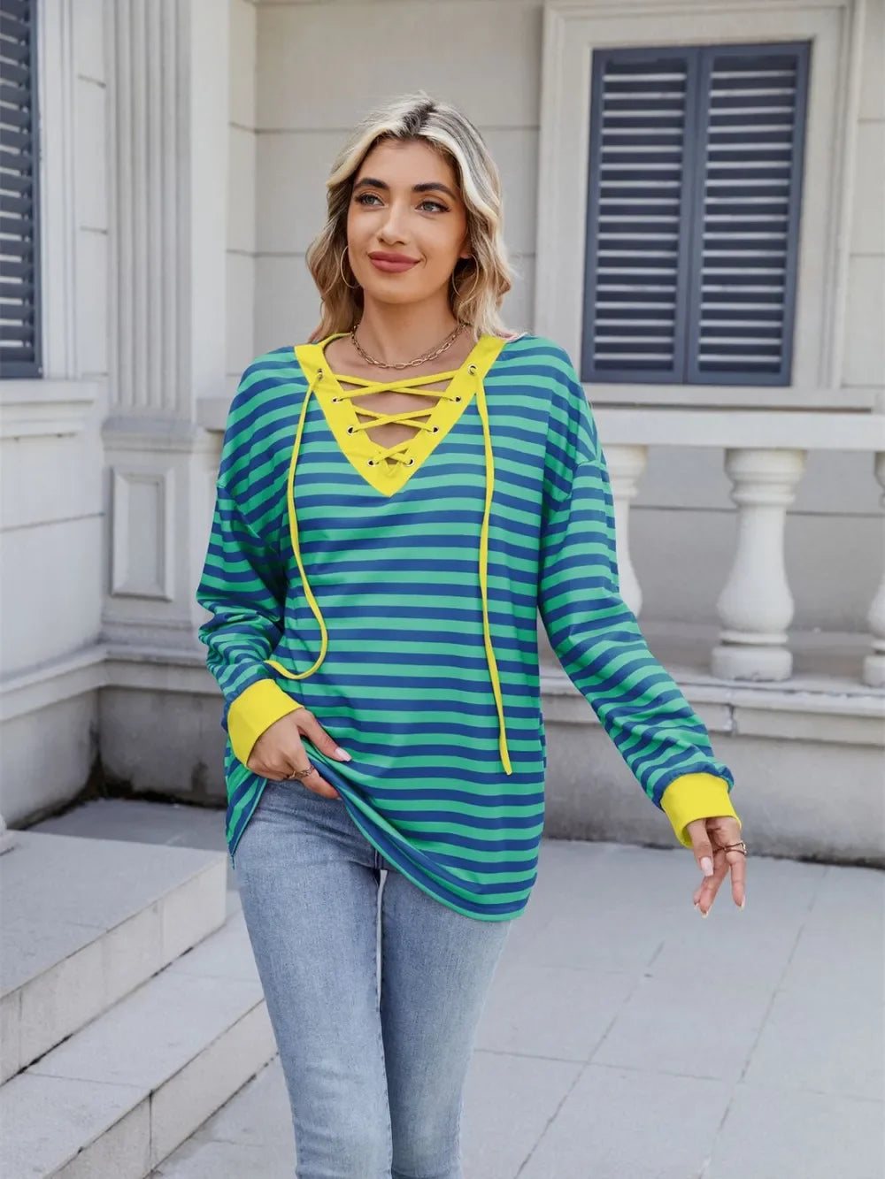 Lace-Up Striped Long Sleeve T-Shirt - Southern Shores Clothing