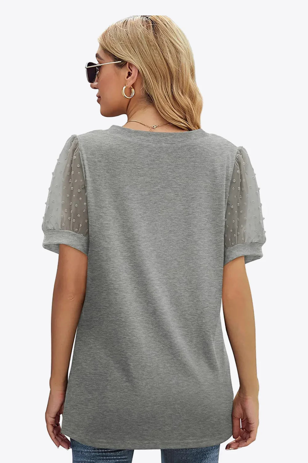Swiss Dot Puff Sleeve V-Neck Tee With Dot Detailing - Southern Shores Clothing