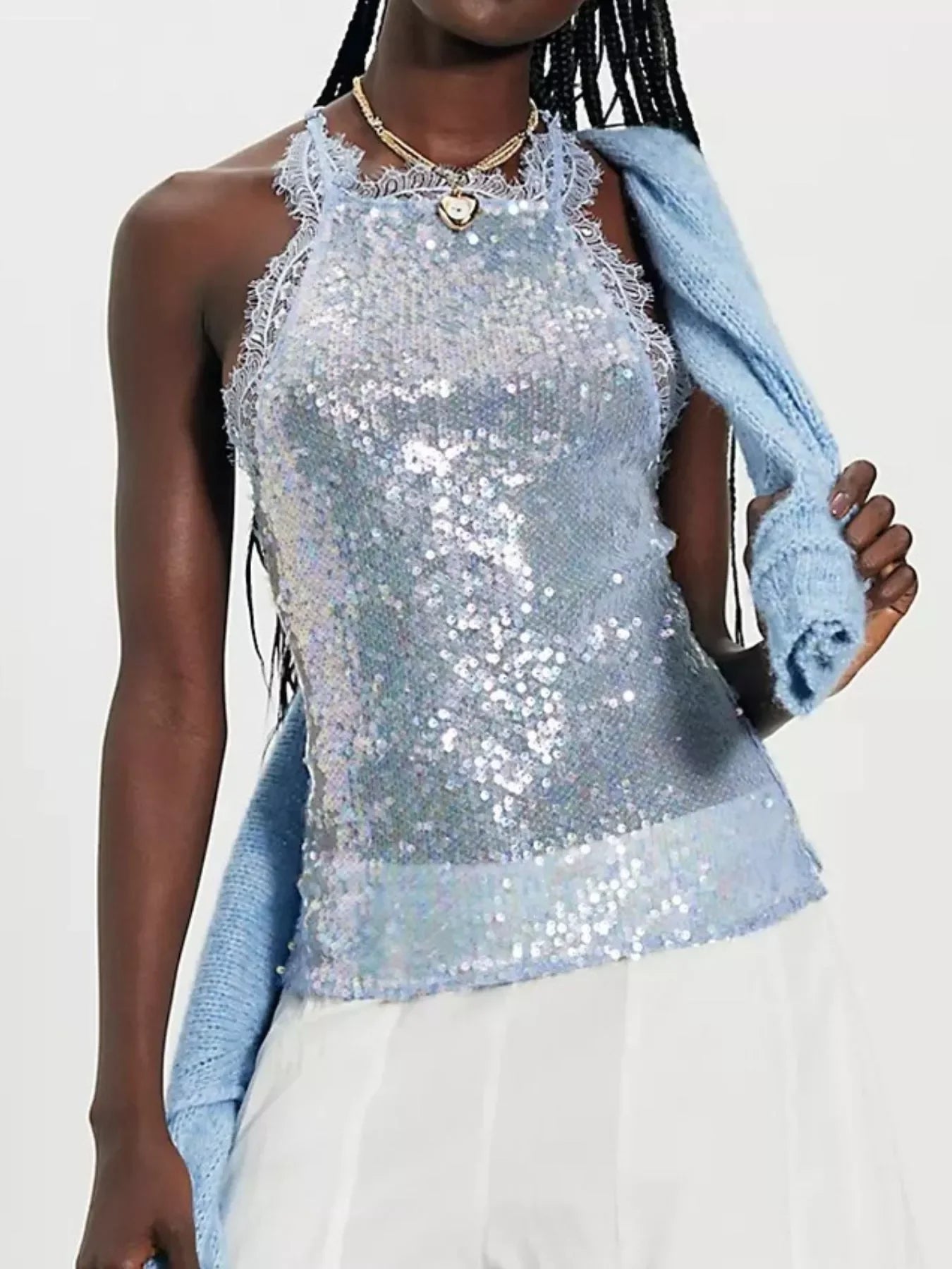 Sequin Lace Trim Halter Neck Cami Top With Elegant Embellishment - Southern Shores Clothing