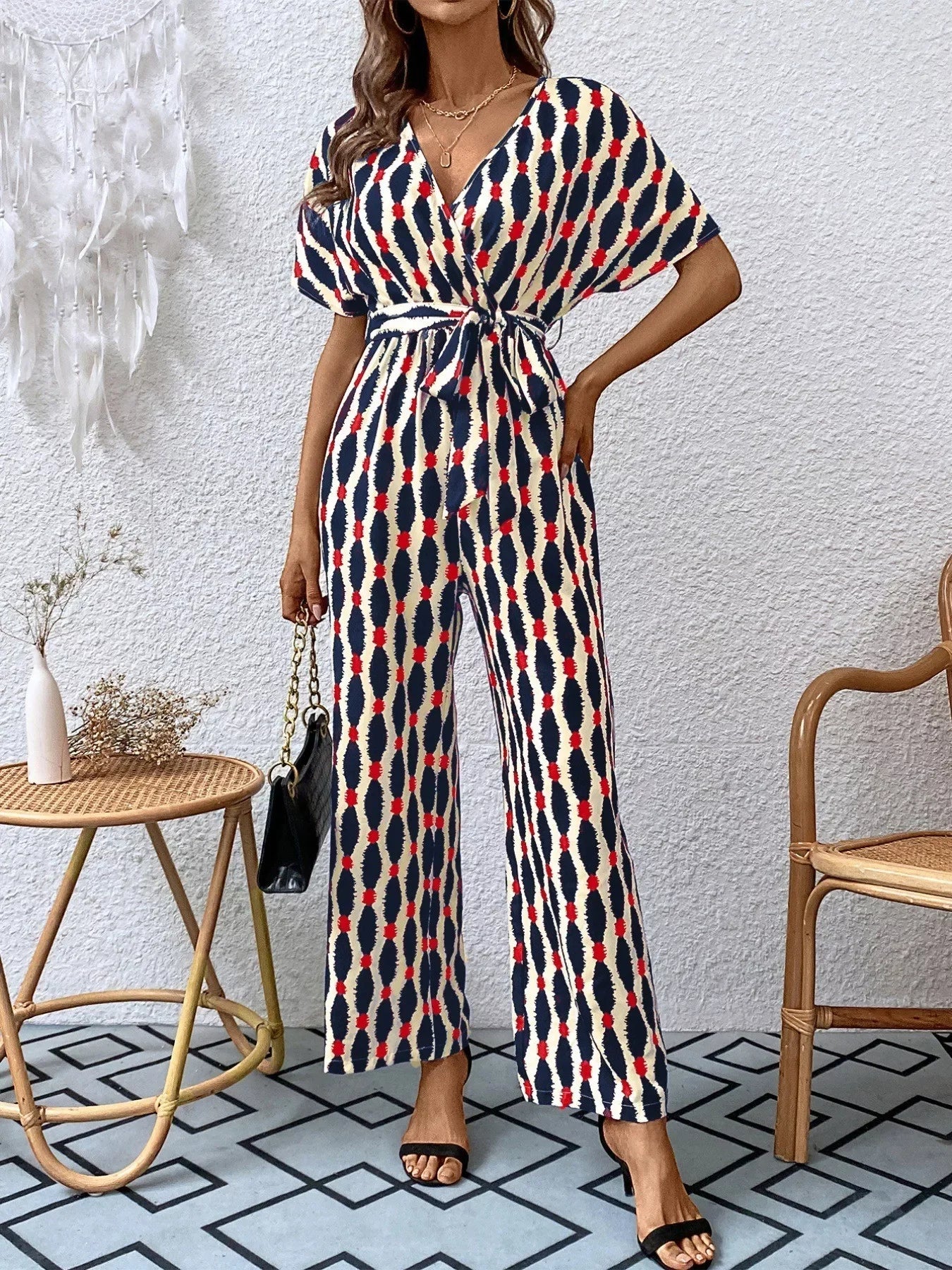 Printed Surplice Tie Waist Short Sleeve Jumpsuit - Southern Shores Clothing