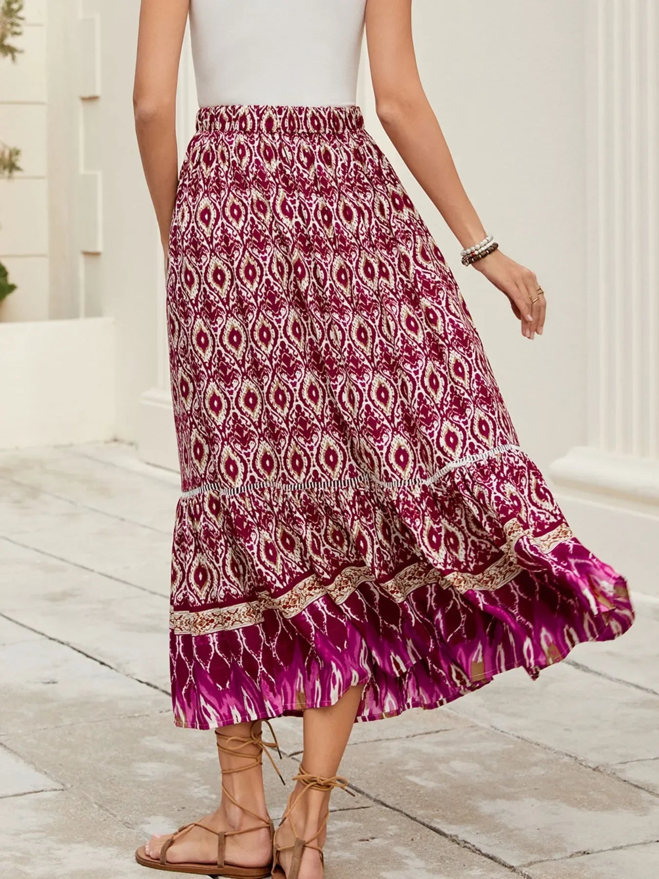 Bohemian Printed Ruched Maxi Skirt Flowing - Southern Shores Clothing