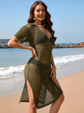 Slit Openwork Short Sleeve Beach Cover Up - Southern Shores Clothing