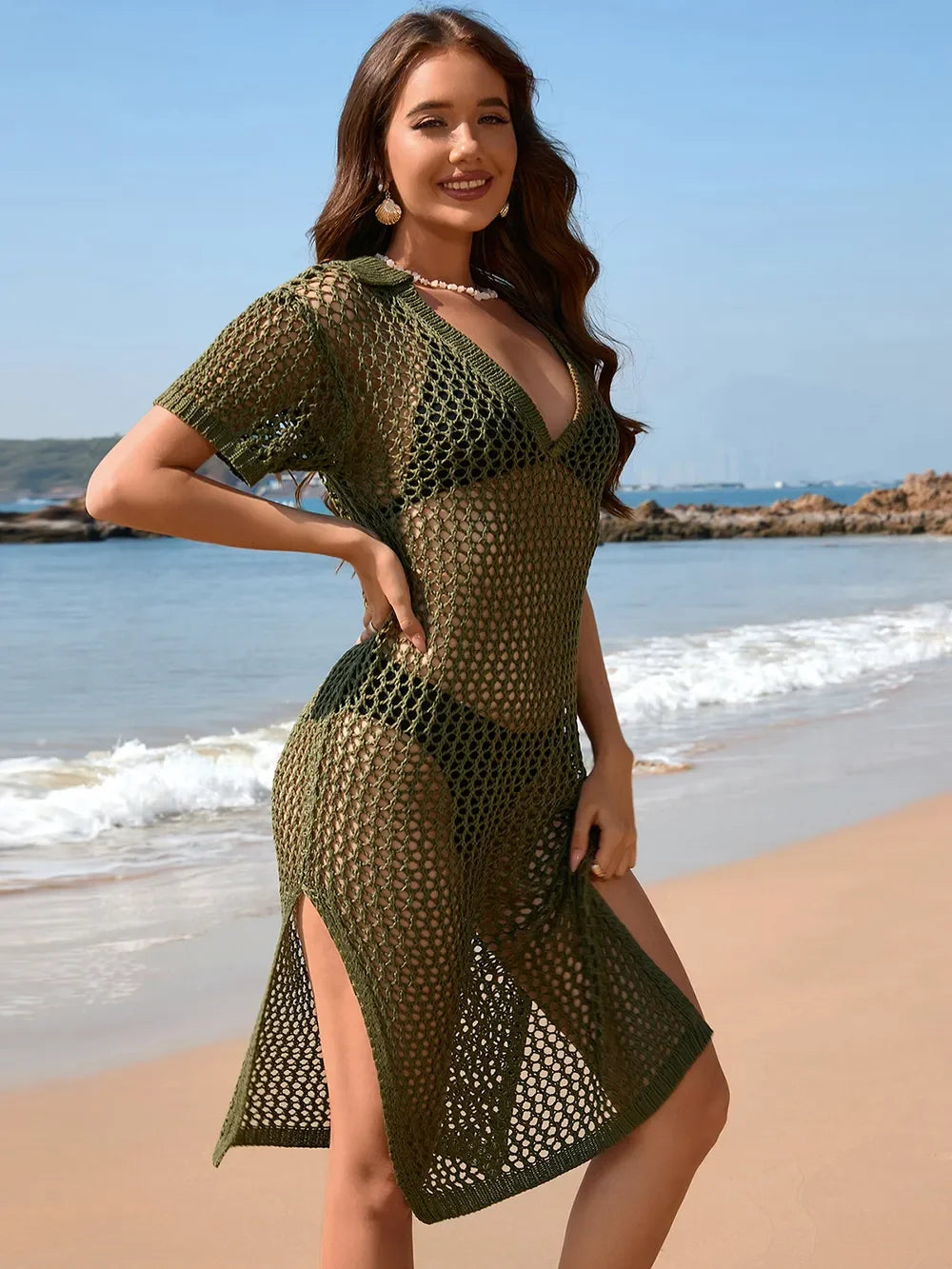 Slit Openwork Short Sleeve Beach Cover Up - Southern Shores Clothing