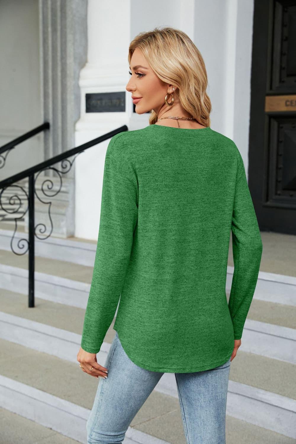 Round Neck Long Sleeve T Shirt With Button Detail - Southern Shores Clothing