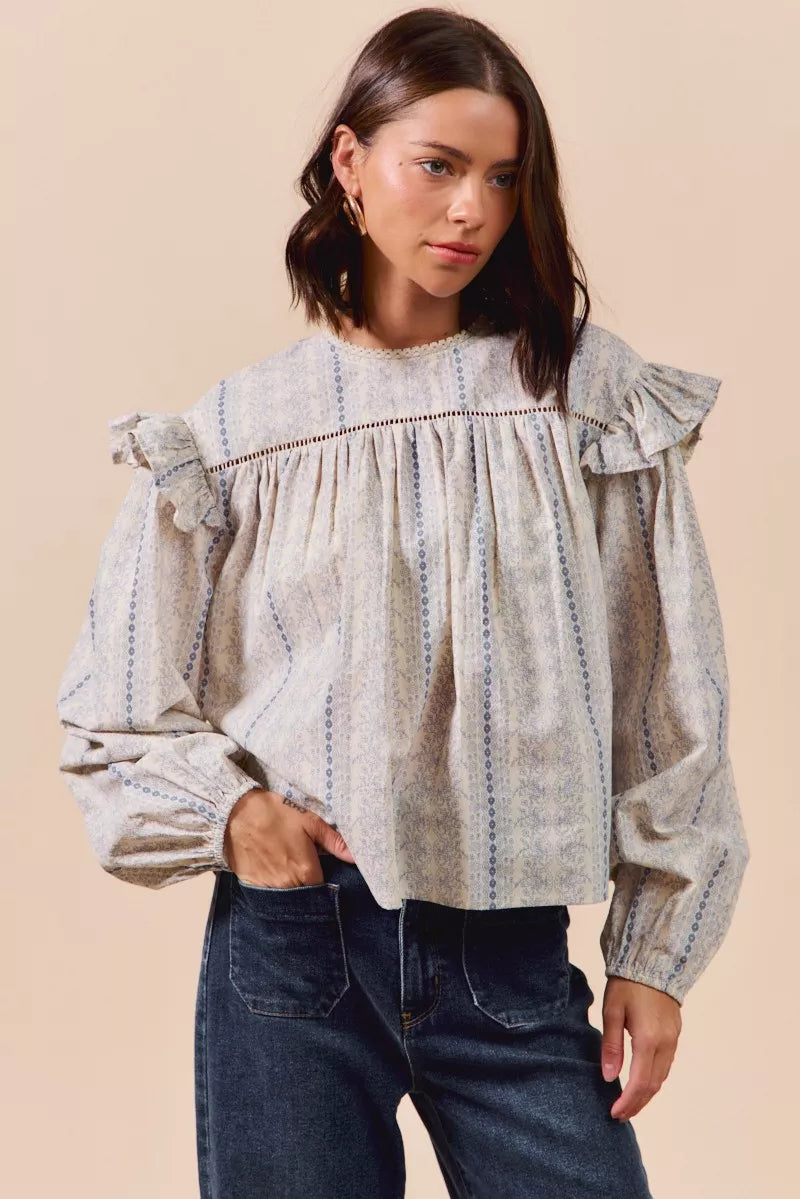 SO ME Floral Cotton Print Ruffled Long Sleeve Blouse