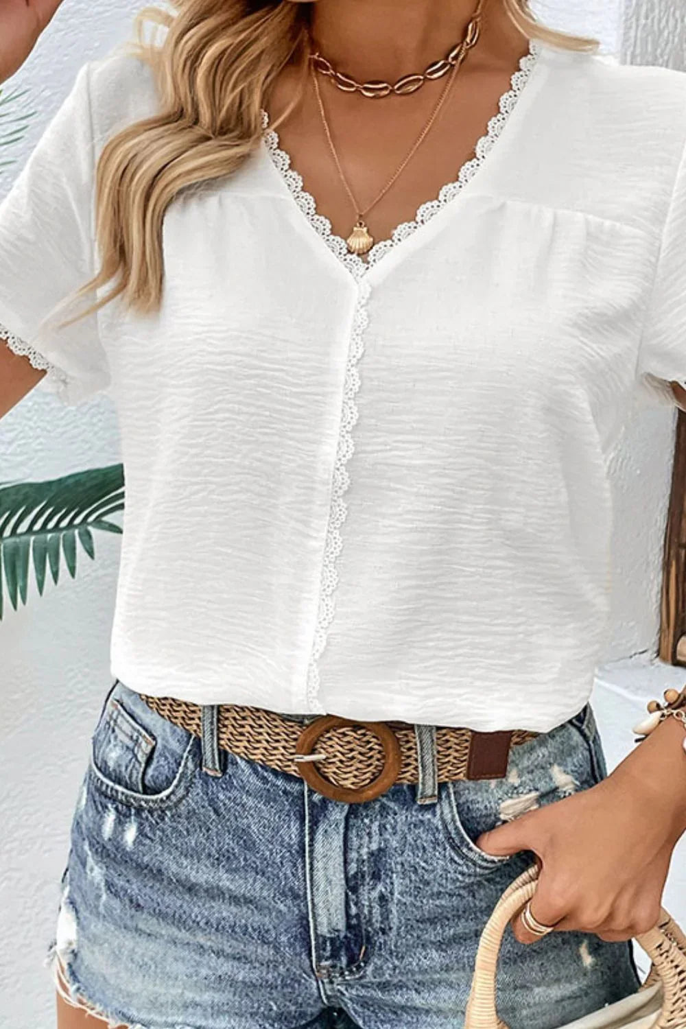 Textured Lace Trim V-Neck Short Sleeve Tee Shirt - Southern Shores Clothing