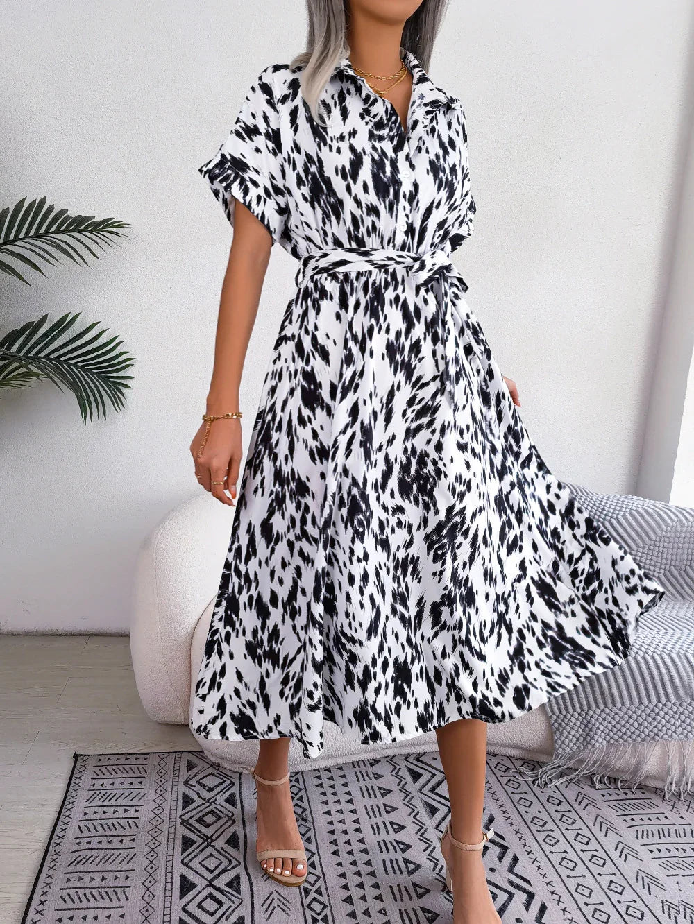 Printed Collared Neck Short Sleeve Tie Waist Dress - Southern Shores Clothing