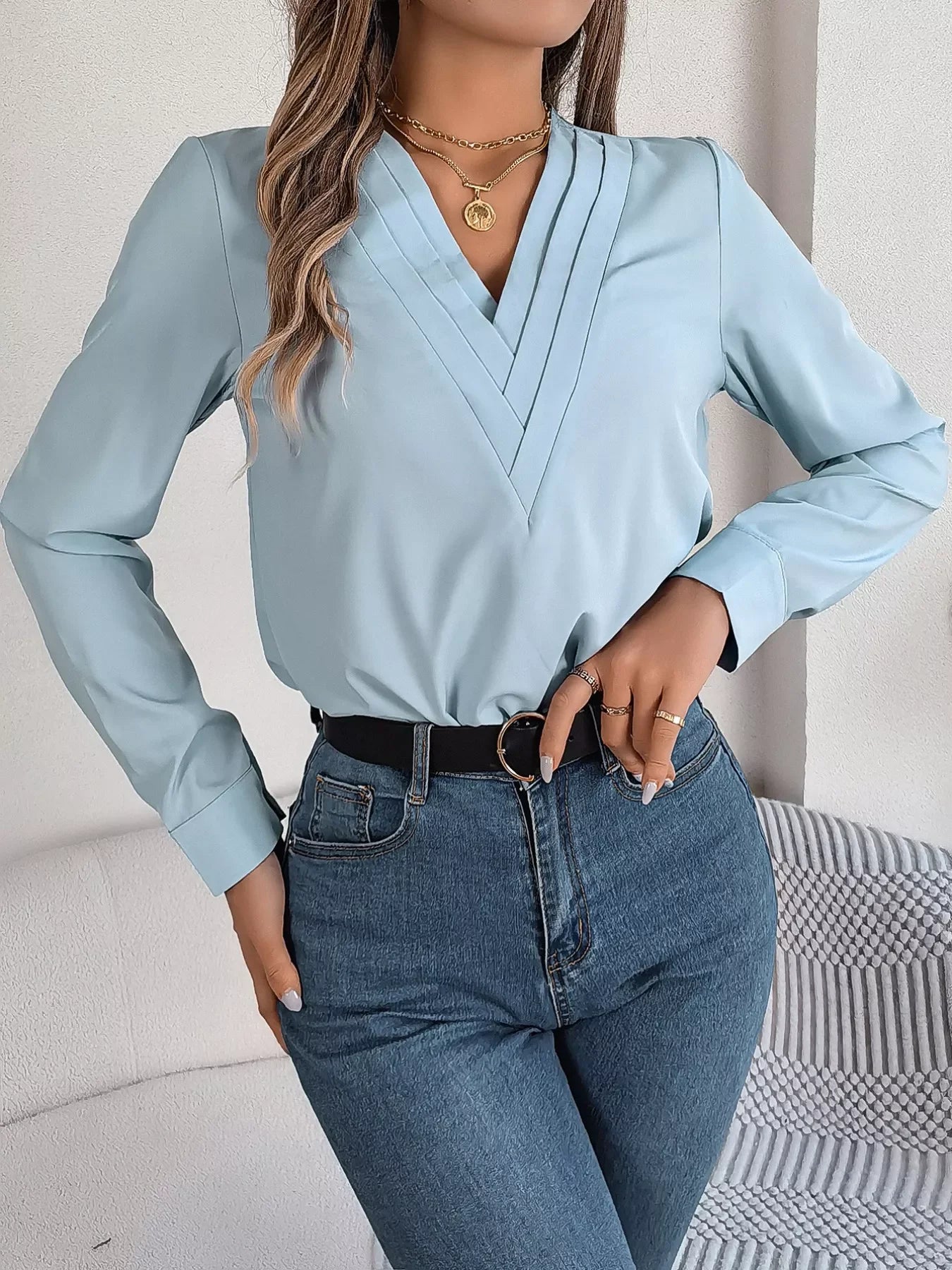 Layered V-Neck Long Sleeve Polyester Blouse - Southern Shores Clothing