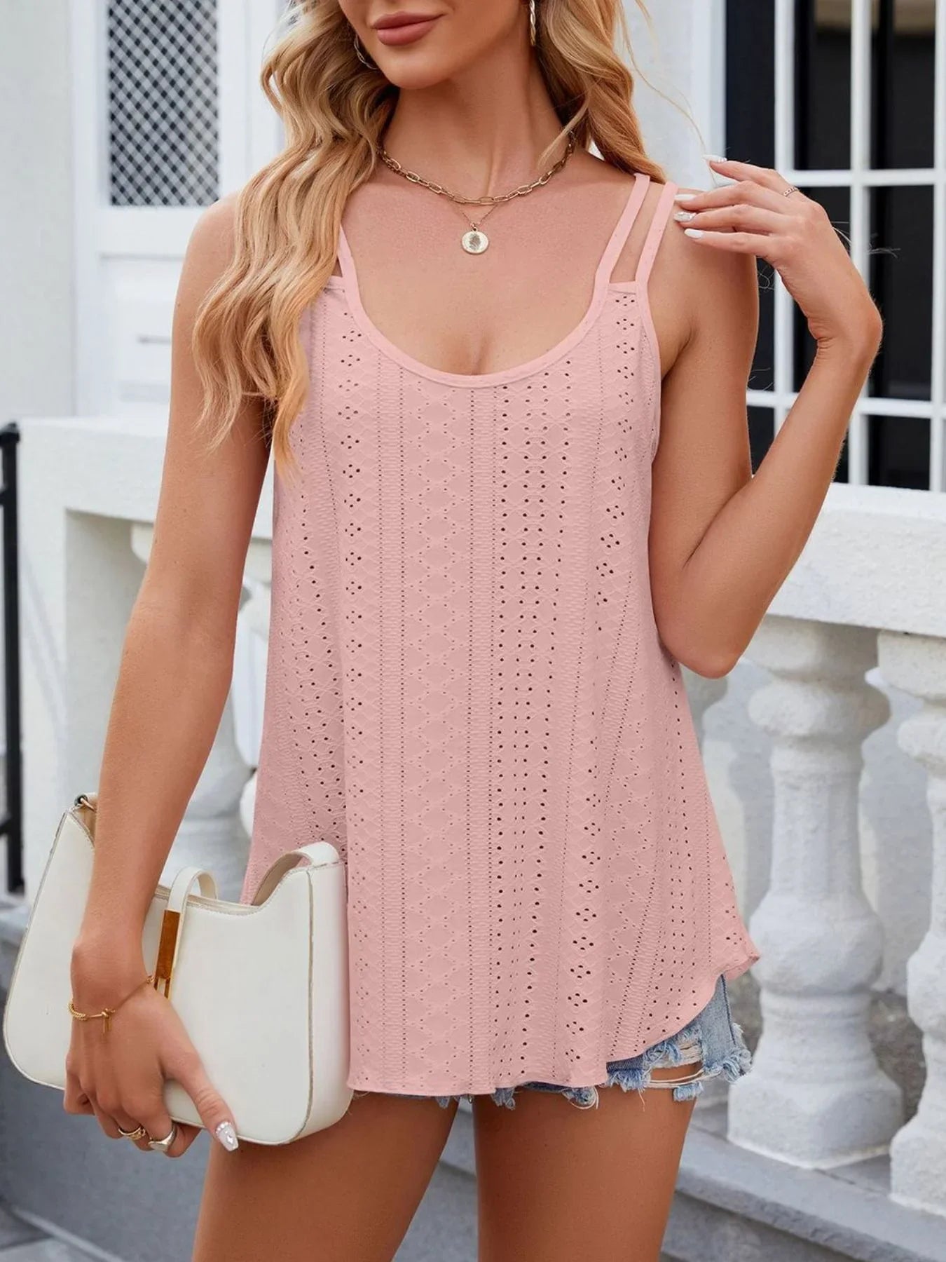 Eyelet Double Strap Cami Top With Intricate Pattern Details - Southern Shores Clothing