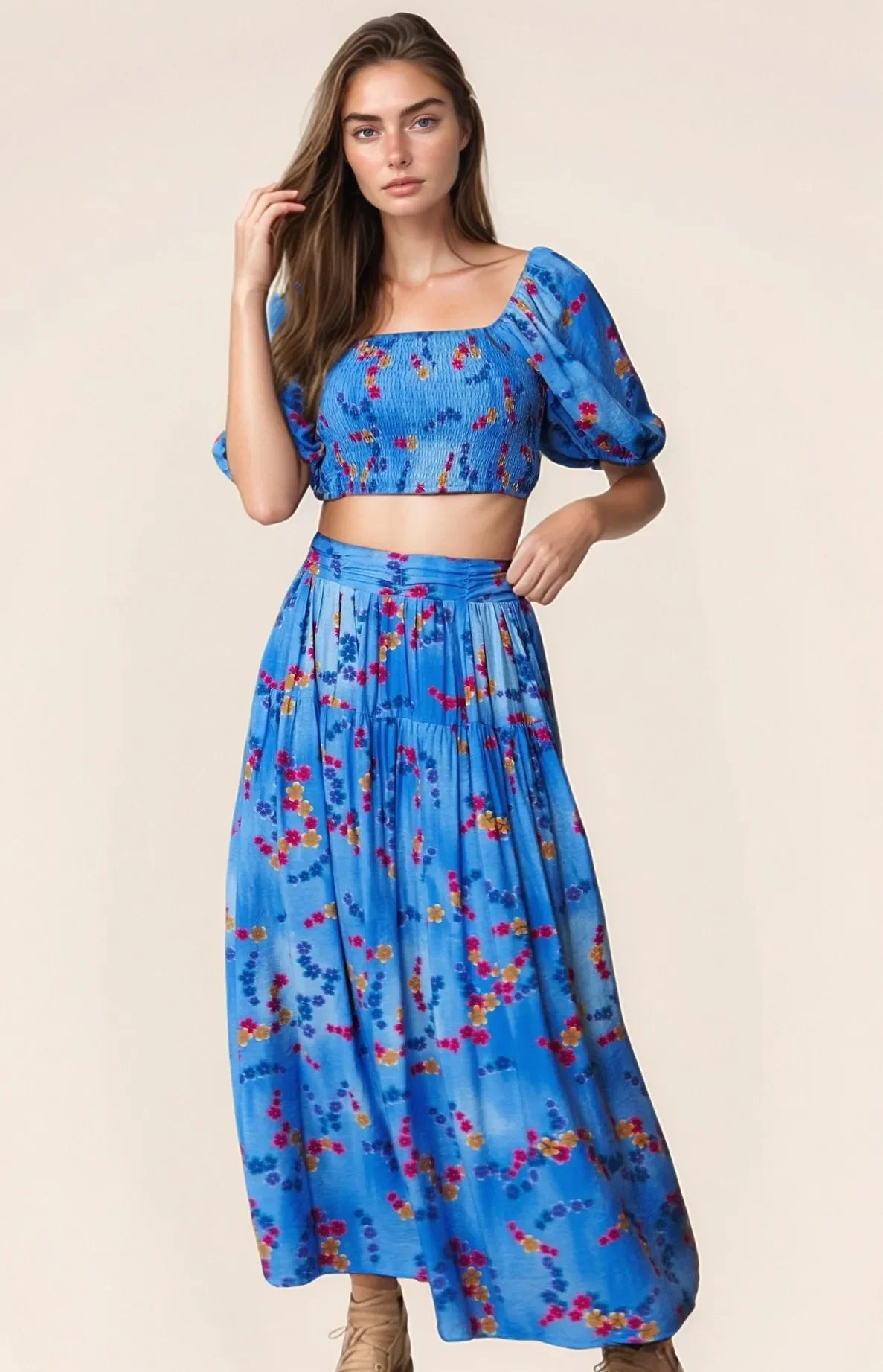 Printed Ruffled Smocking Waistband Maxi Skirt - Southern Shores Clothing