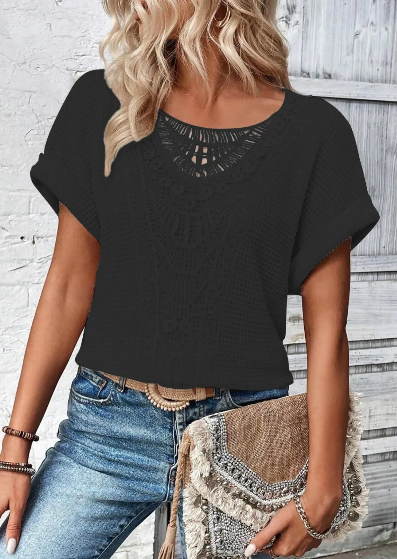 Crochet Lace Short Sleeve T Shirt Casual - Southern Shores Clothing