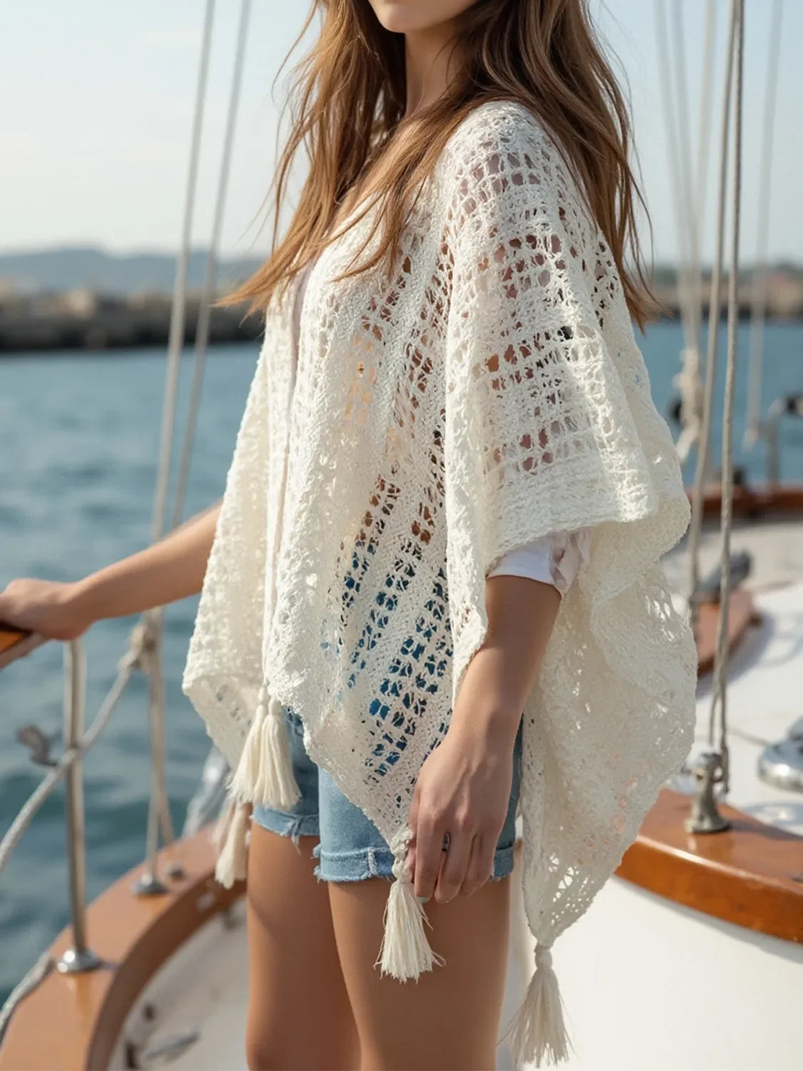 Openwork Tassel Open Front Knit Cover Up Kimono Lightweight - Southern Shores Clothing