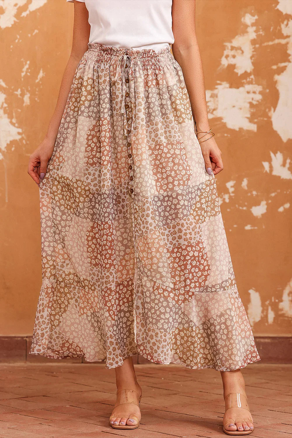 Floral Buttoned Front Slit Midi Skirt In Chiffon With Tiered Hem - Southern Shores Clothing