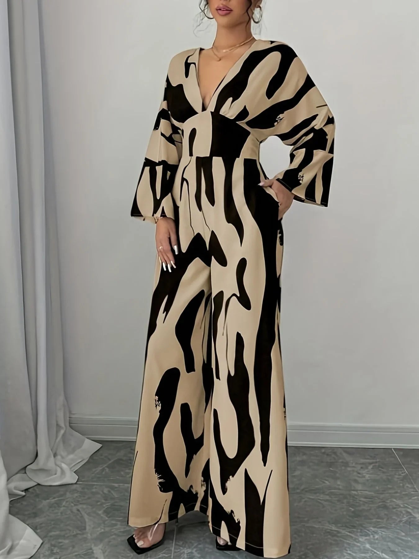 Abstract Print V-Neck Wide Leg Jumpsuit Silhouette - Southern Shores Clothing