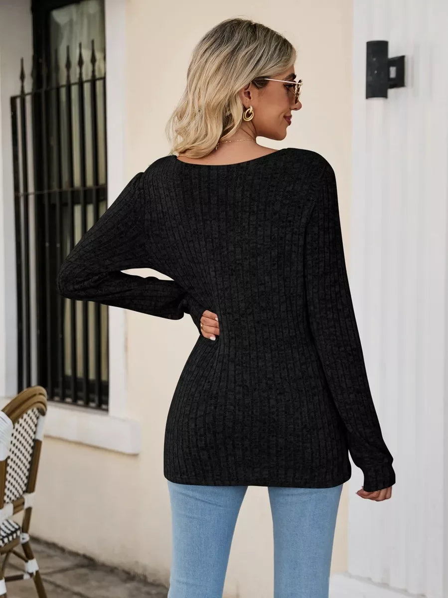 Ribbed Square Neck Long Sleeve Stretch T Shirt - Southern Shores Clothing
