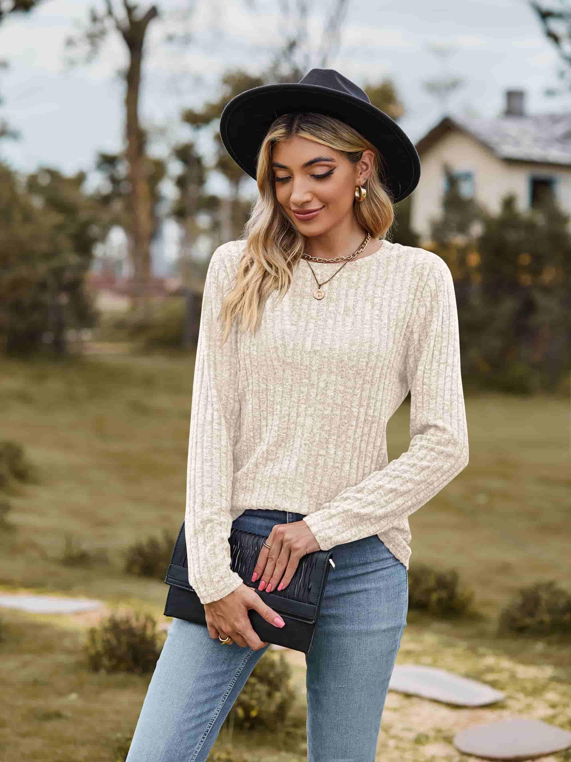 Ribbed Round Neck Long Sleeve Tee For Everyday Wear - Southern Shores Clothing