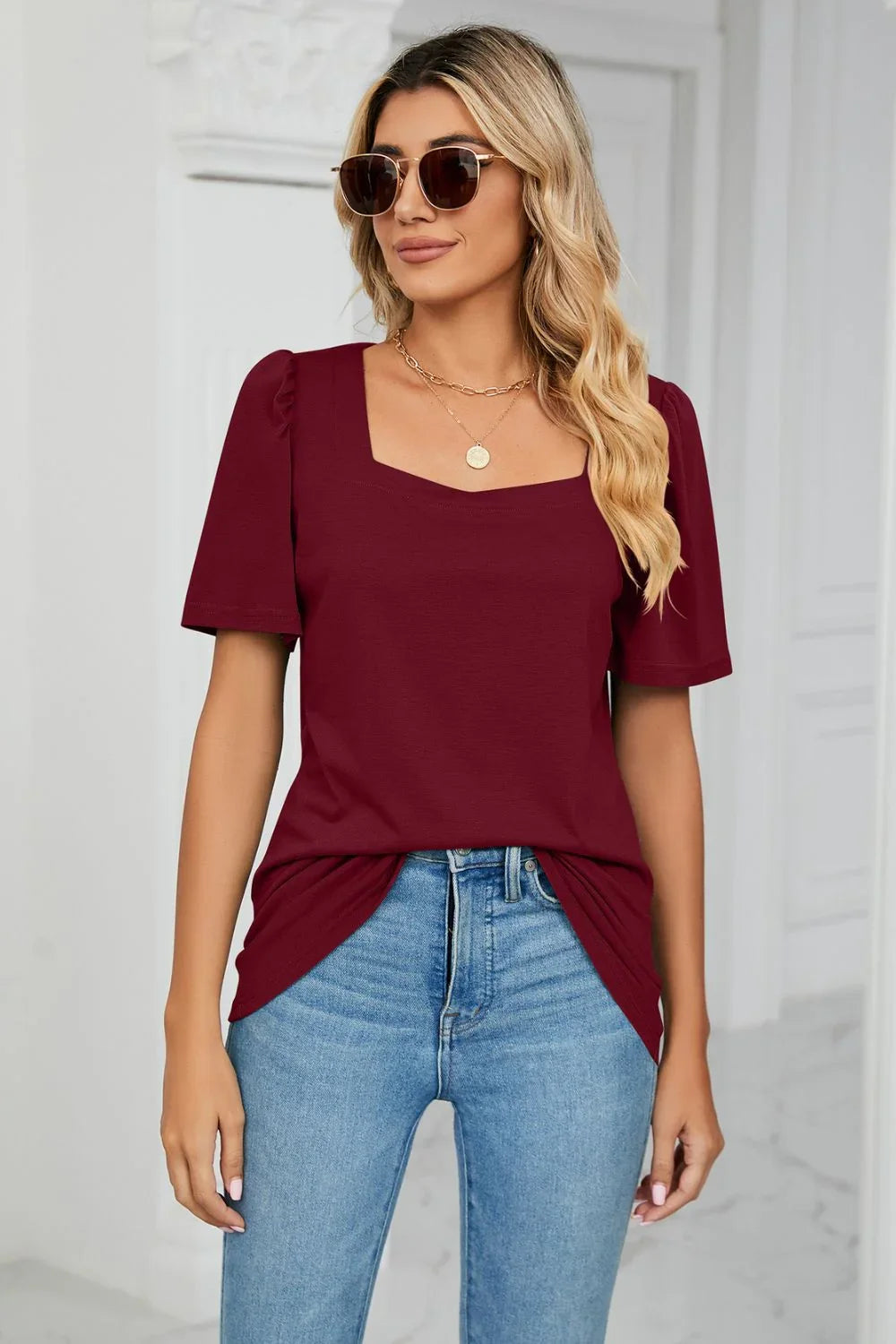 Square Neck Puff Sleeve Tee With Regular Fit - Southern Shores Clothing