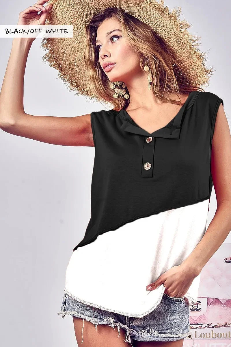 Block Design Buttoned Henley Top With Contrast Stitching - Southern Shores Clothing