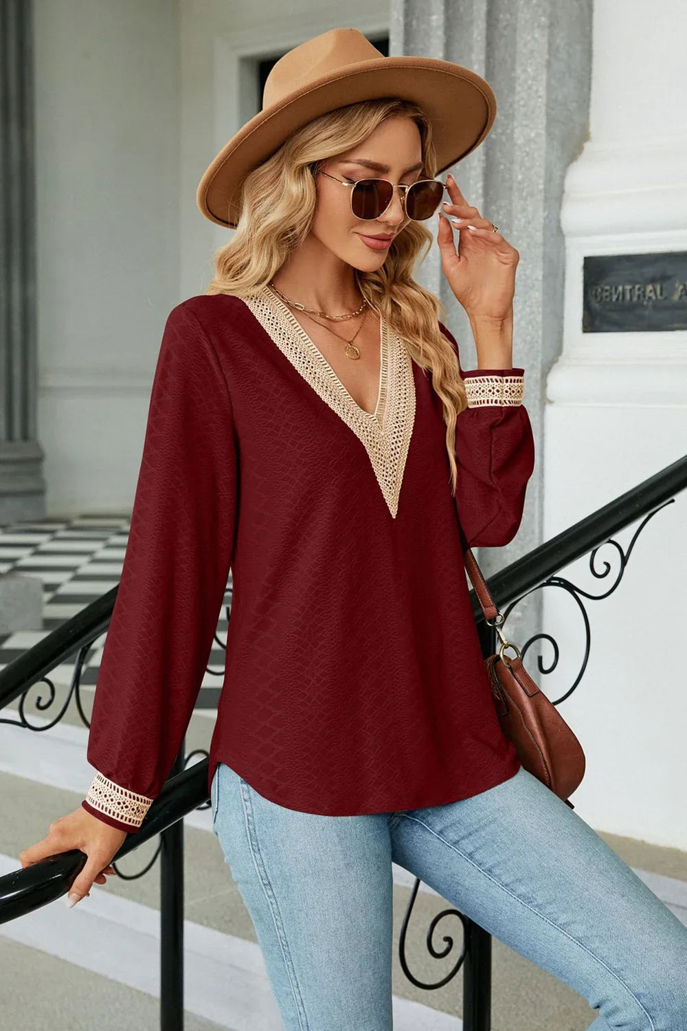 Southern Shores Clothing V-Neck Long Sleeve Lace Rayon Blouse For Casual And Sophisticated Everyday Wear - Southern Shores Clothing
