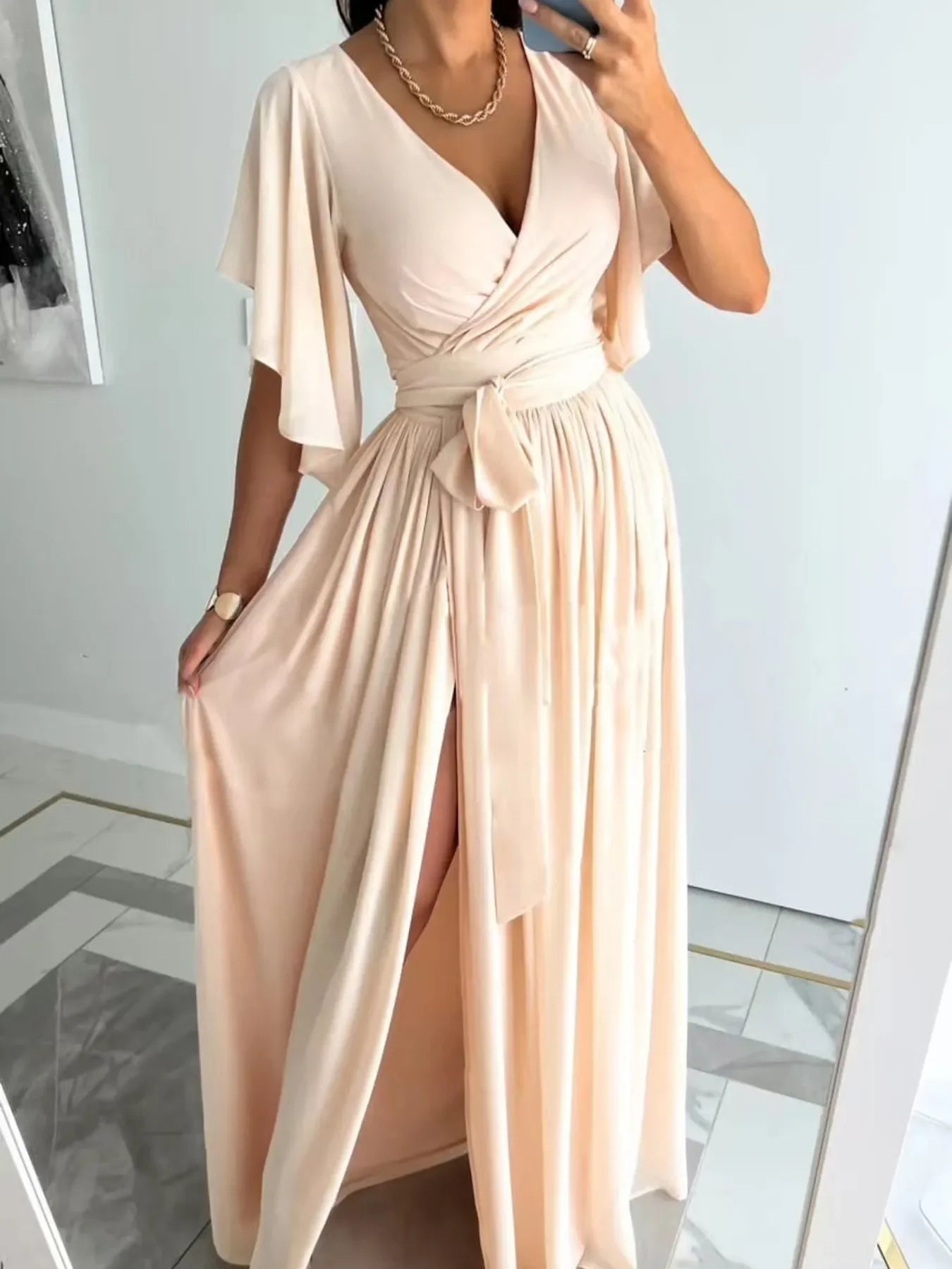 Flutter Sleeve Surplice Tie Waist Dress Silhouette - Southern Shores Clothing