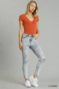 Distressed Stretch Denim Skinny Jeans With Raw Hem - Southern Shores Clothing