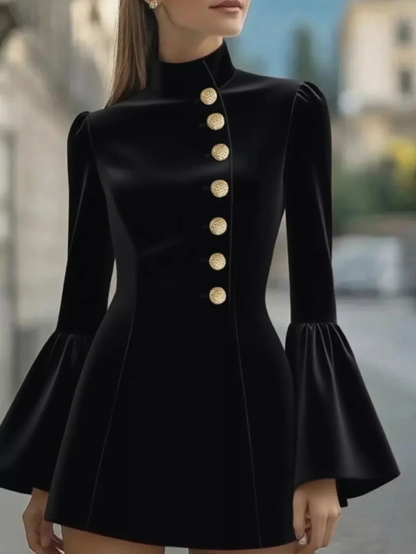 Bell Sleeve Mini Dress With Front Button - Southern Shores Clothing