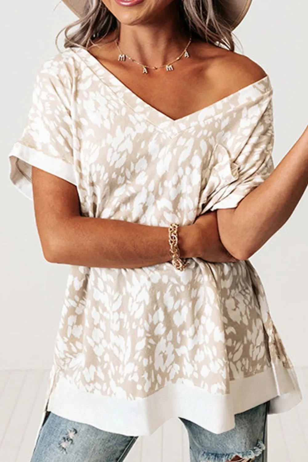 Leopard Print V-Neck Side Slit Loose Fit T Shirt - Southern Shores Clothing