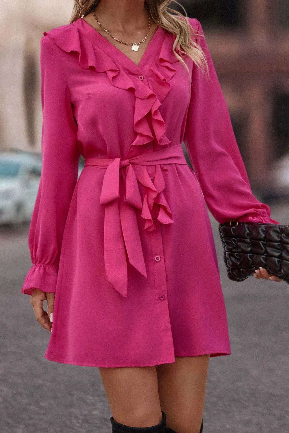 Ruffled Flounce Sleeve V-Neck Belted Dress - Southern Shores Clothing