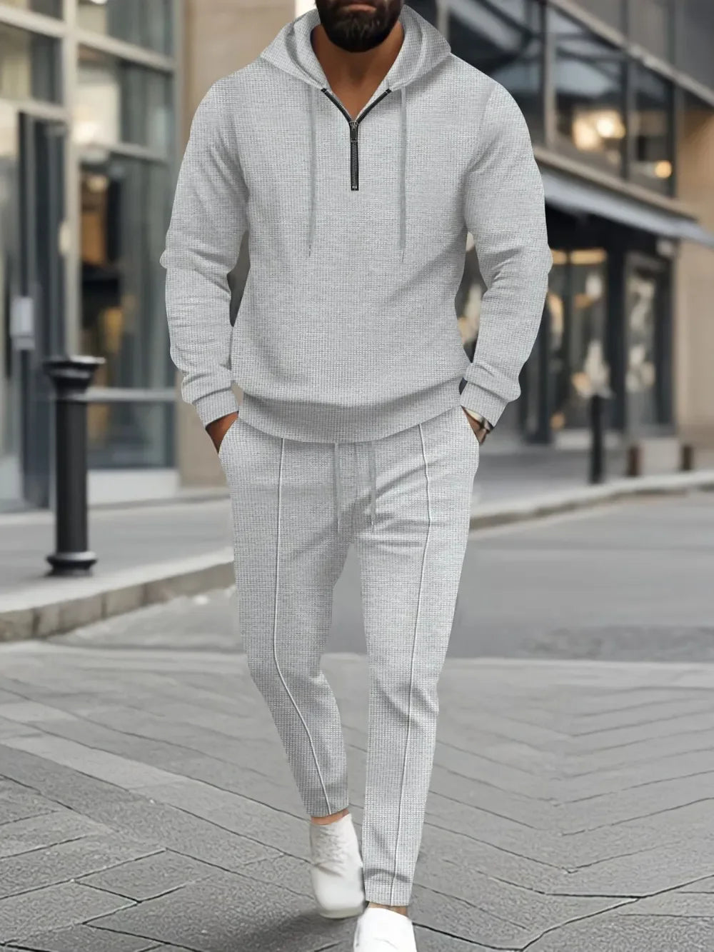 Men's Full Size Waffle-Knit Half Zipper Hoodie and Pants Set Plus Size - Southern Shores Clothing