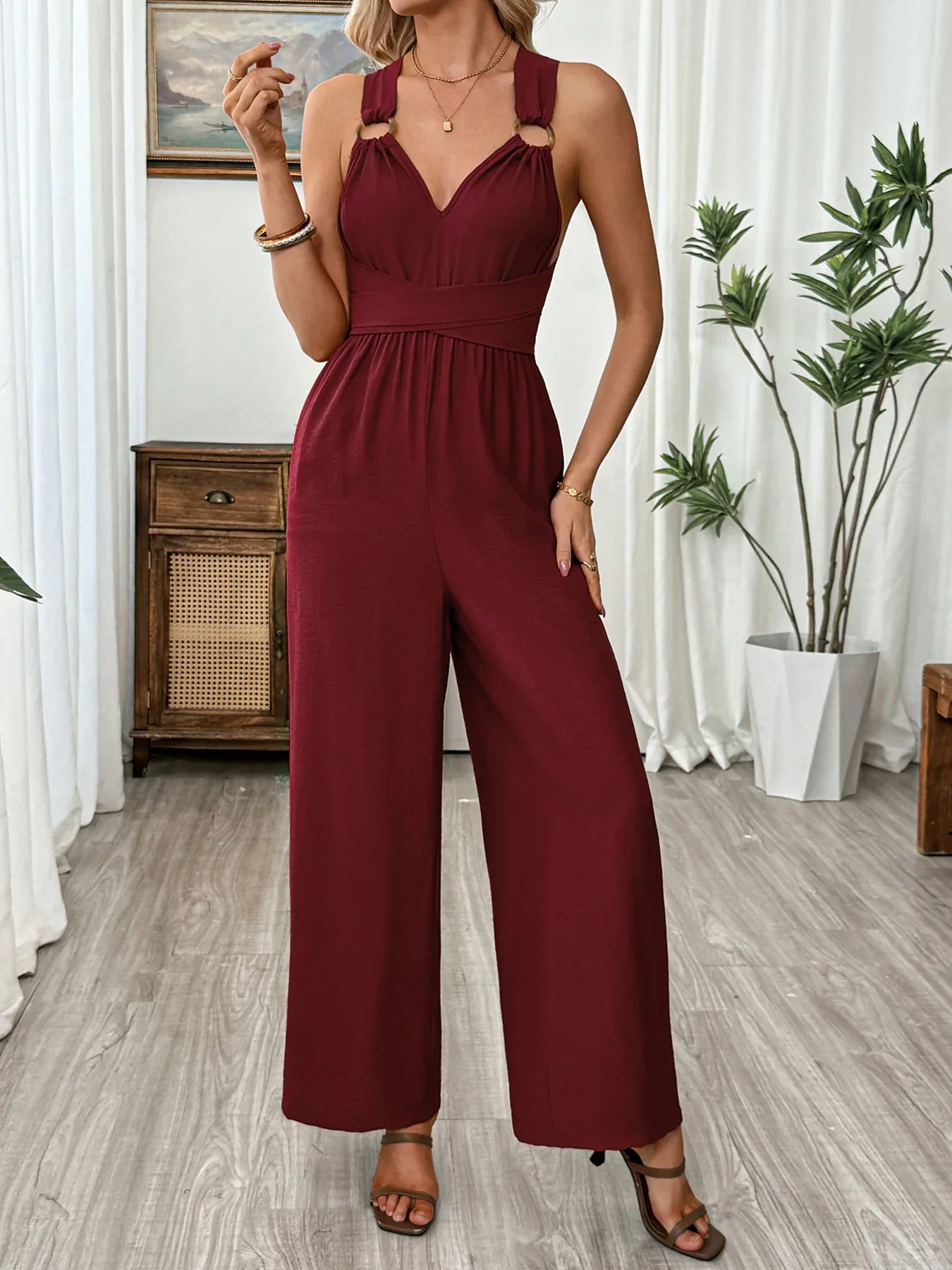 V Neck Sleeveless Wide Leg Jumpsuit Crisscross - Southern Shores Clothing