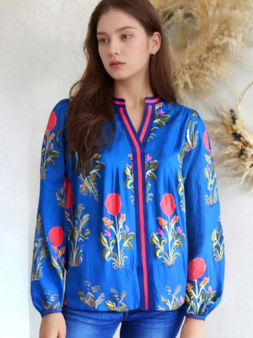 Floral Notched Balloon Sleeve Blouse Polyester - Southern Shores Clothing