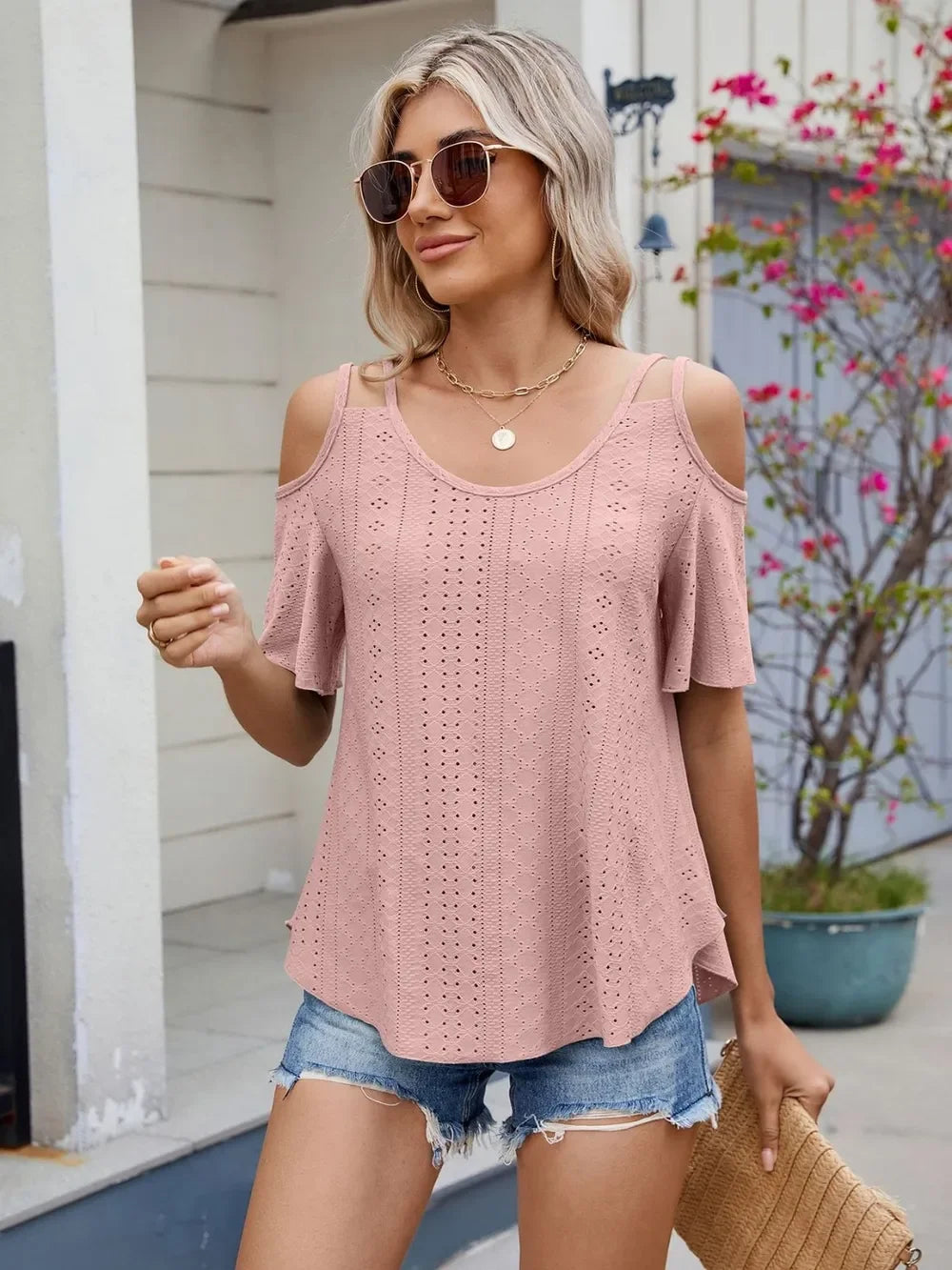 Florira Round Neck Cold Shoulder Eyelet T-Shirt - Southern Shores Clothing