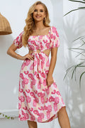 Floral Cutout Square Neck Puff Sleeve Dress - Southern Shores Clothing
