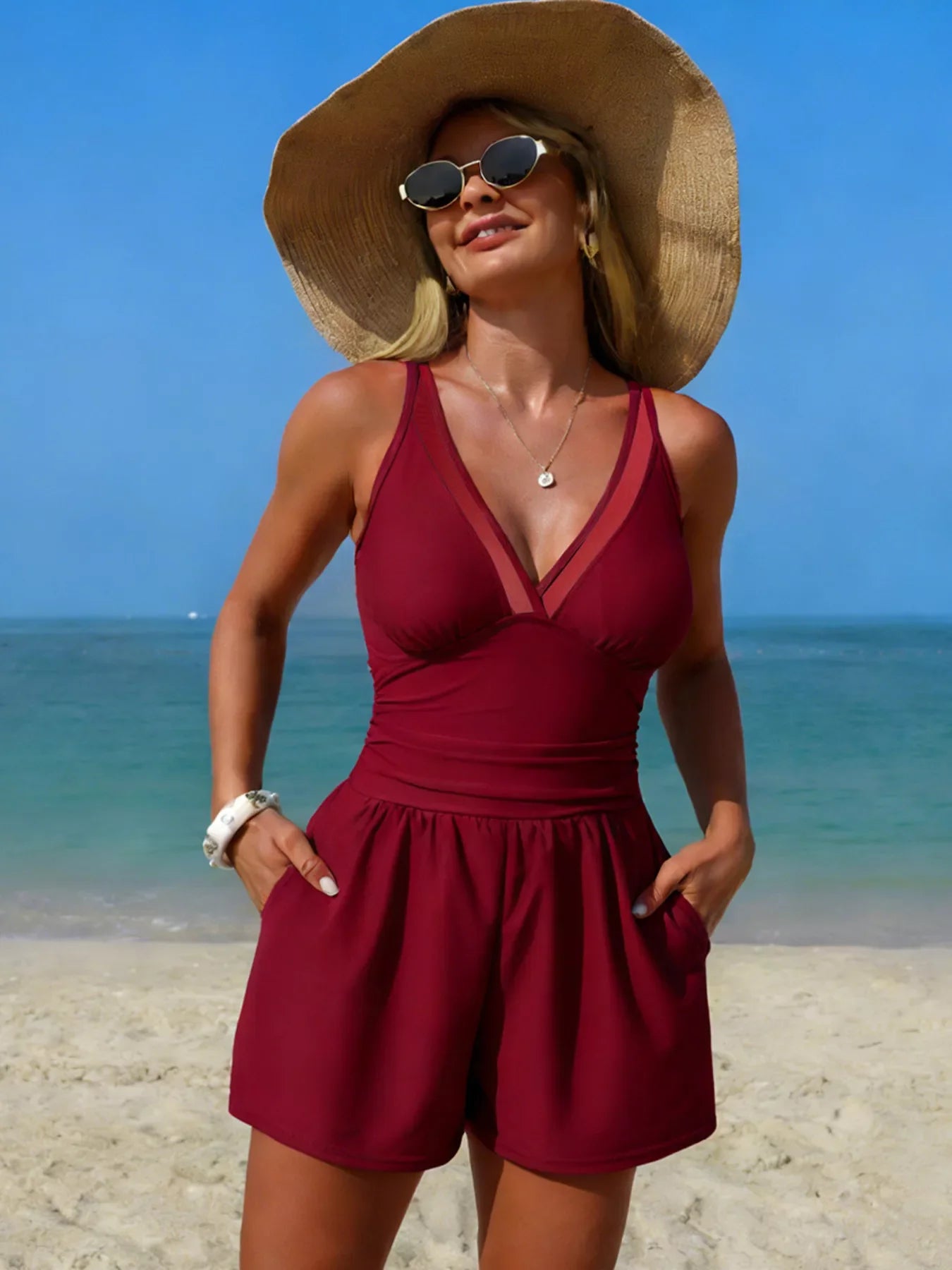 V-Neck One-Piece Swimsuit With Pockets - Southern Shores Clothing