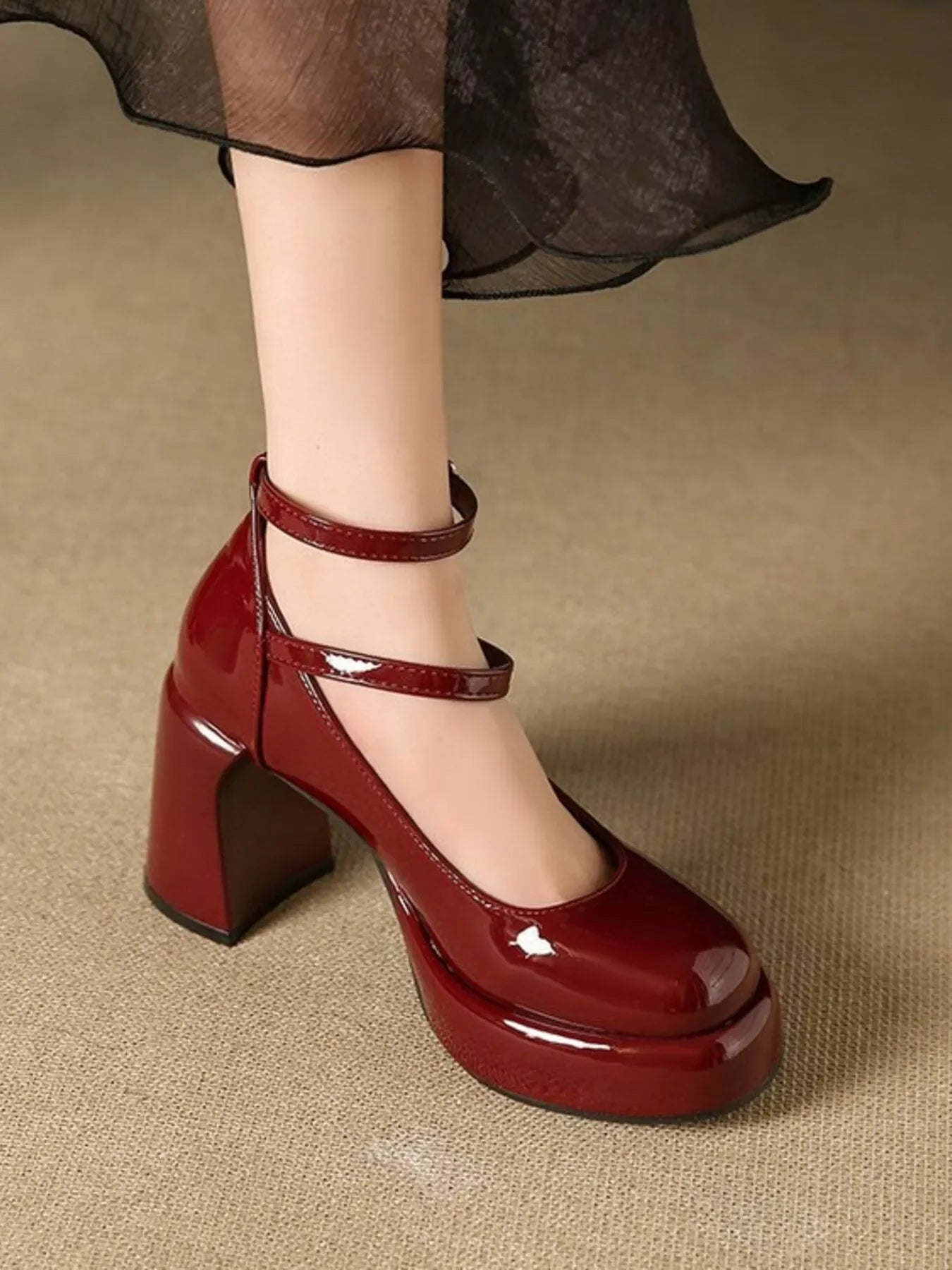 Patent Leather Mary Jane Platform Pumps Mid Heel - Southern Shores Clothing