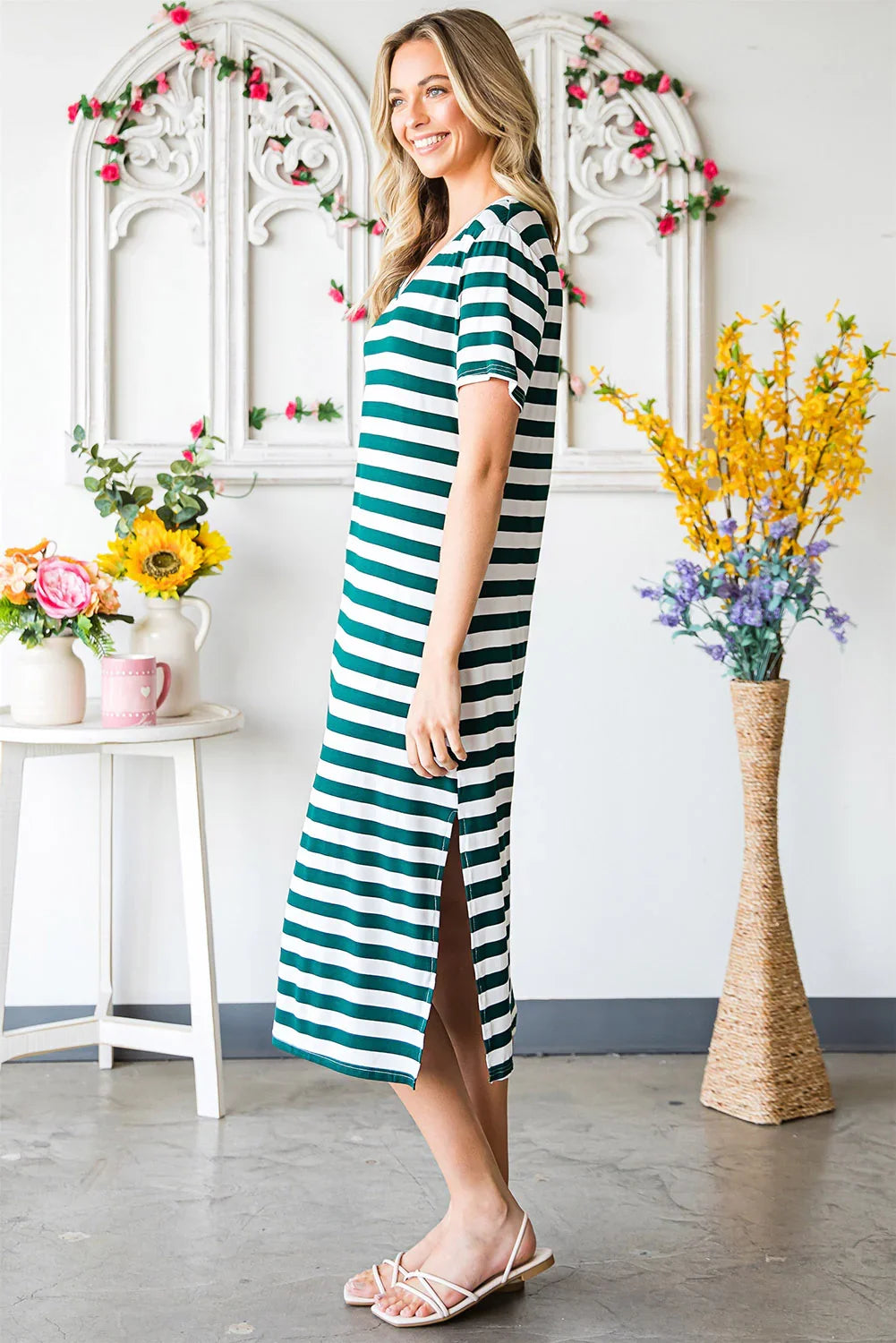 Striped V-Neck Short Sleeve Side Slit Dress - Southern Shores Clothing