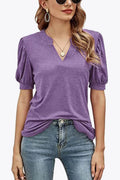 Notched Neck Puff Sleeve Stretch T-Shirt - Southern Shores Clothing