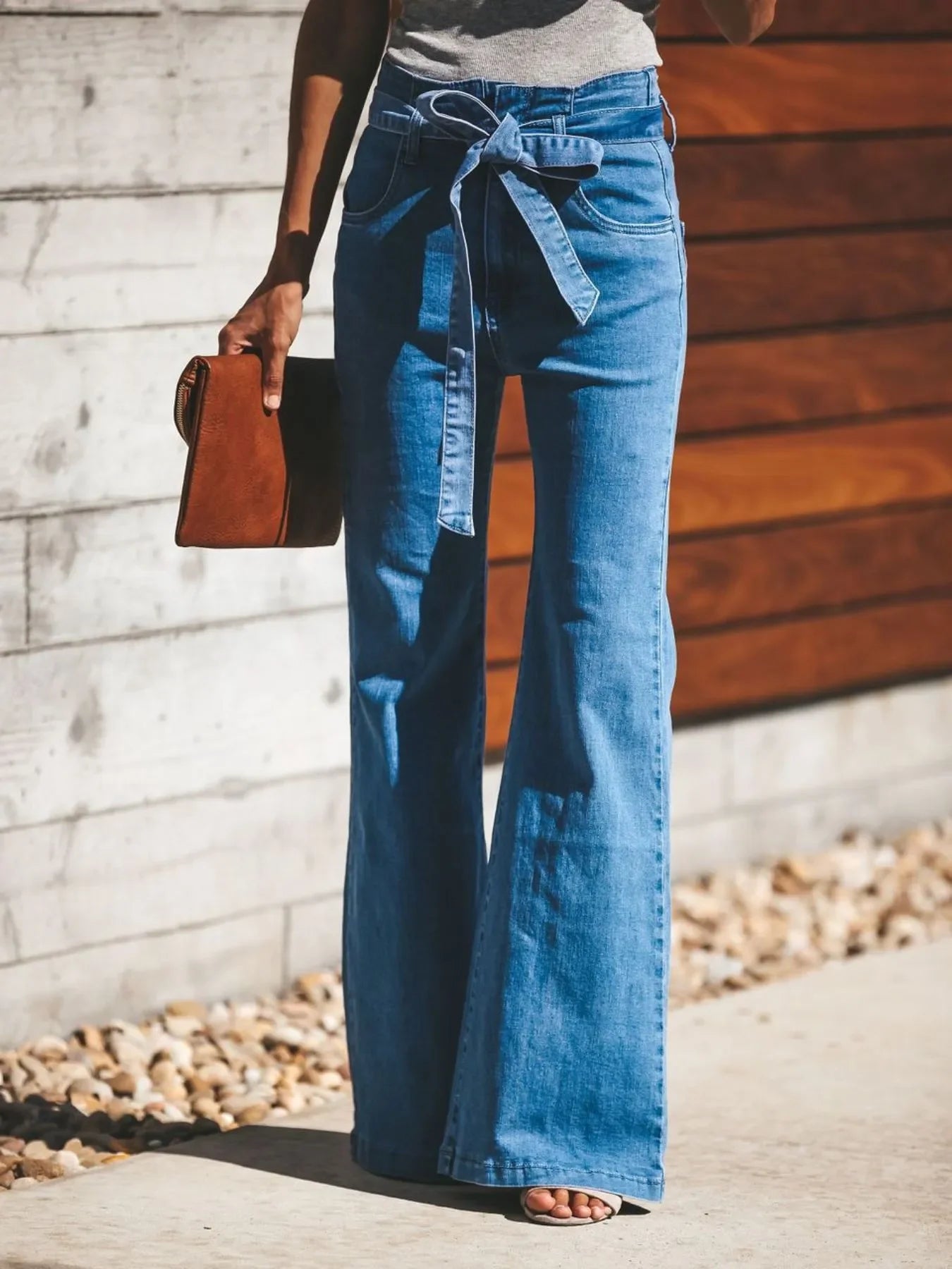 Beach Inspired High Waisted Tie Front Flare Denim Jeans - Southern Shores Clothing