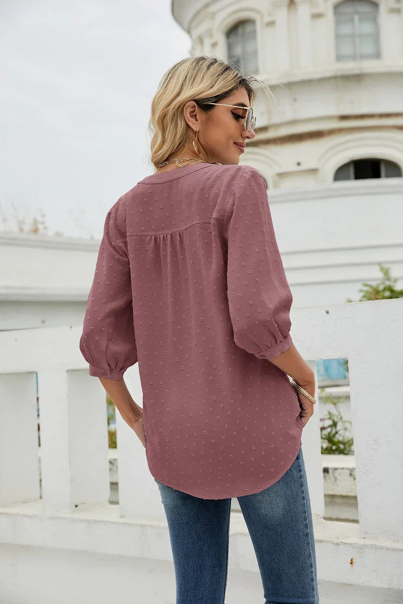 Swiss Dot Notched Neck Three-Quarter Sleeve Blouse - Southern Shores Clothing