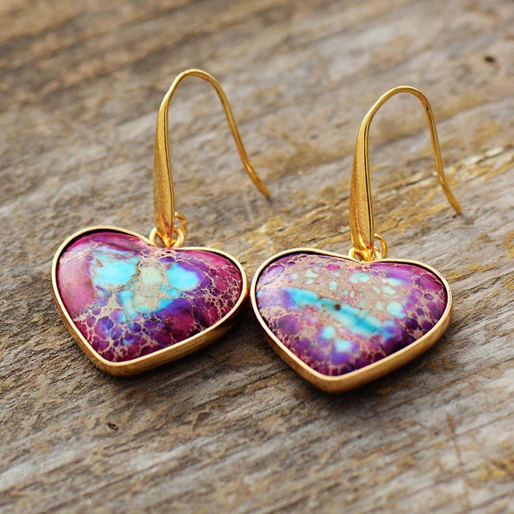 14K Gold-Plated Natural Stone Heart Drop Earrings - Southern Shores Clothing
