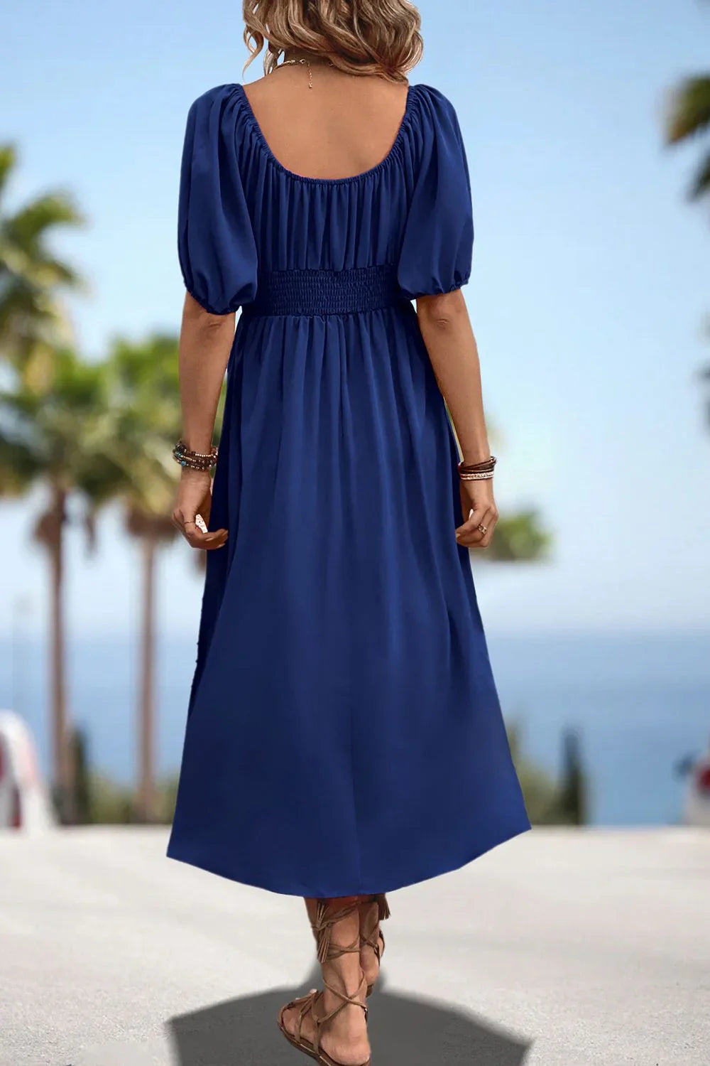 Square Neck Smocked Waist Puff Sleeve Midi Dress - Southern Shores Clothing