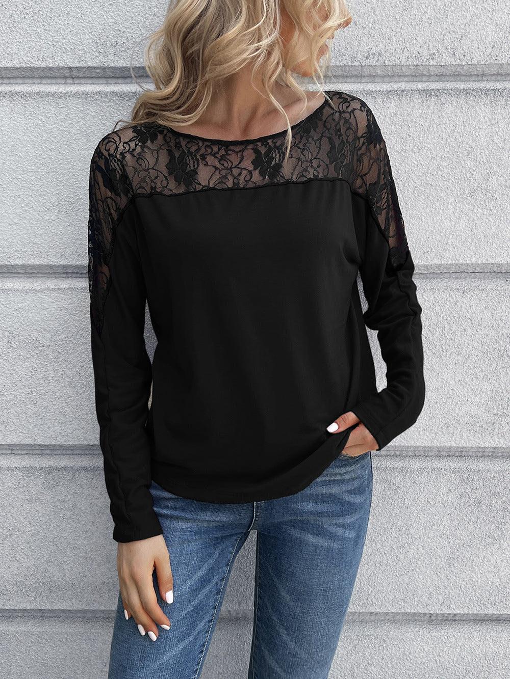 Lace Long Sleeve Round Neck Two Tone T Shirt - Southern Shores Clothing