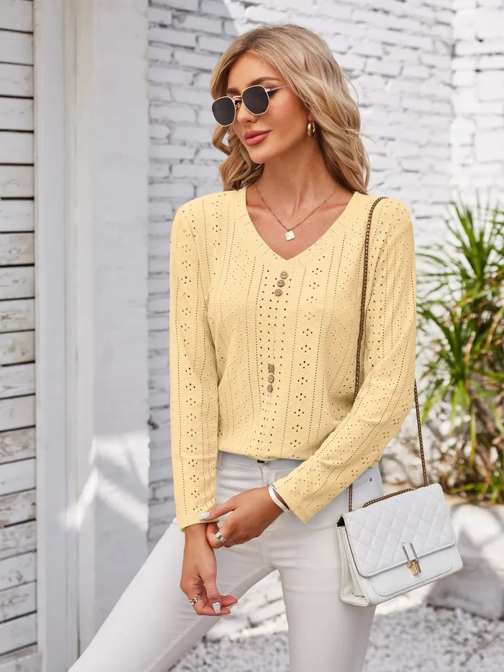 V Neck Openwork T Shirt With Decorative Buttons - Southern Shores Clothing