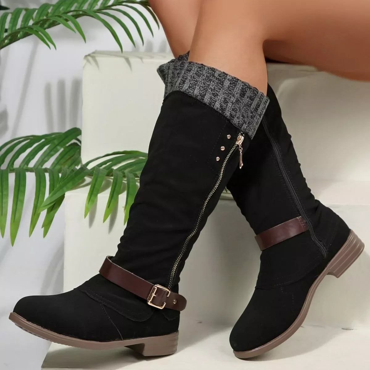 Round Toe Block Heel Boots Suede Rubber Casual
