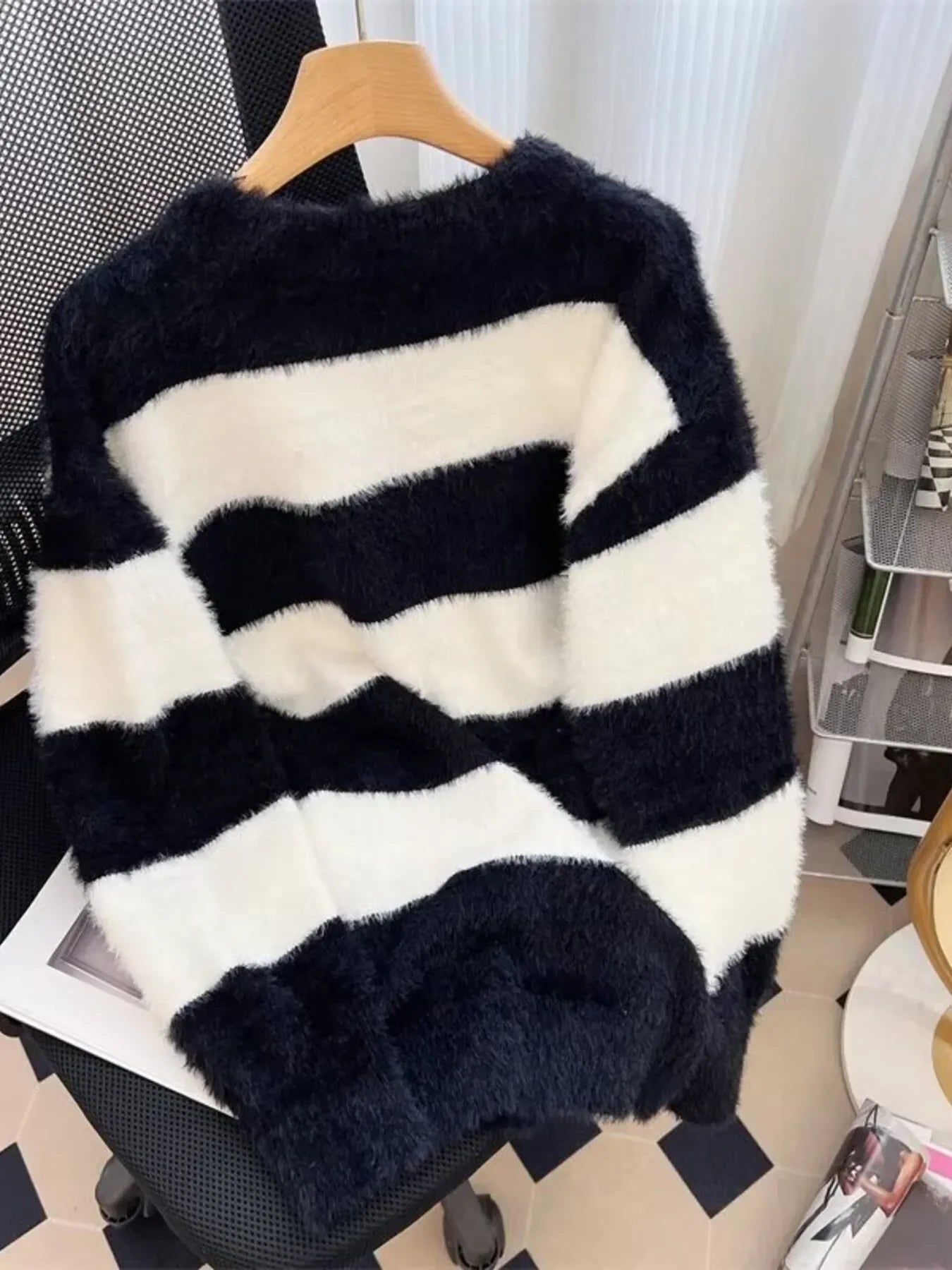 Plus Size Striped Fuzzy Knit Pullover Sweater - Southern Shores Clothing